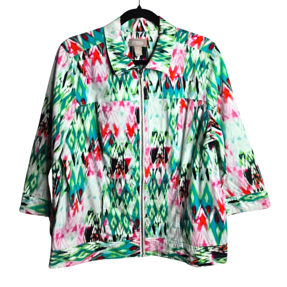 Chico's Artsy Abstract Watercolor Jacket Lightweight Collared Zip Up Size 2 | 12